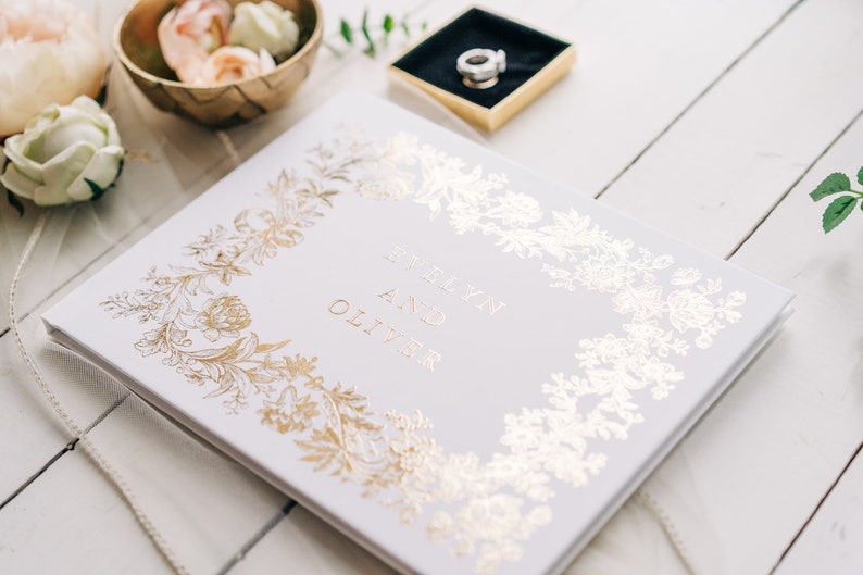 Gold Wedding Guest Book, Floral Vintage Horizontal Wedding Book, Personalized Gold Foil Hardcover Instant Photo Book image 2