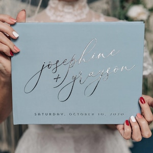 Dusty Blue Guestbook, Modern Wedding Guest Book , Rustic Photo Book, Silver Foil Hardcover Wedding Album, Horizontal Keepsake Book