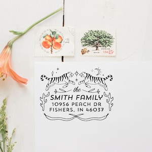 Two Tigers Return Address Stamp, Personalized Rubber Stamp with Wood Handle, Celestial Stamp, Housewarming Gift for Newlyweds