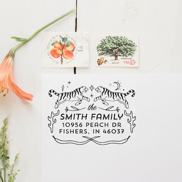 Two Tigers Return Address Stamp, Personalized Rubber Stamp with Wood Handle, Celestial Stamp, Housewarming Gift for Newlyweds