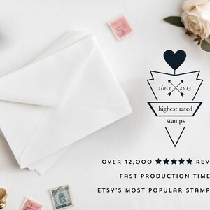 May include: A white envelope with a black heart logo that says "since 2013 highest rated stamps" and the text "OVER 12,000 REVIEWS FAST PRODUCTION TIME ETSY'S MOST POPULAR STAMP SHOP".