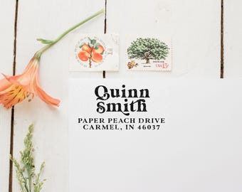 Customized Modern Vintage Return Address Stamp: Personalized Family Name, Self Inking or Wood Handle
