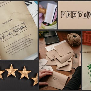 The image is a collage of various objects and scenes, including a book, a stamp, a person's hand, a star, and some envelopes.