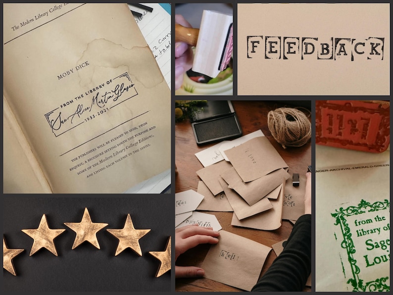 The image is a collage of various objects and scenes, including a book, a stamp, a person's hand, a star, and some envelopes.