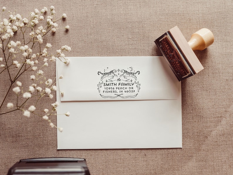 Two Tigers Return Address Stamp, Personalized Rubber Stamp with Wood Handle, Celestial Stamp, Housewarming Gift for Newlyweds image 3