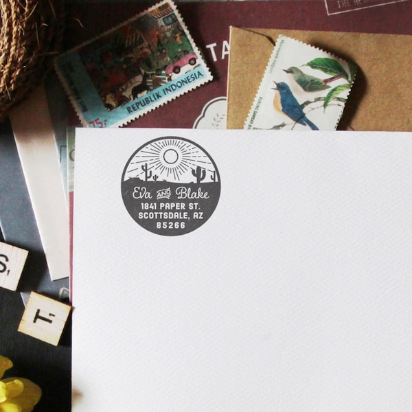 Desert Return Address Stamp Desert Stamp Cactus Address Stamp Custom Rubber Stamp Circular Invitations Stamp Housewarming New Home Gift