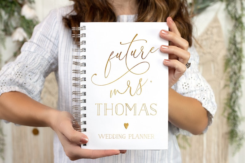 Future Mrs. Wedding Planner, Personalized Planner, Real Gold Foil Bridal Shower Gift Custom Planner Book, 12 Months image 1