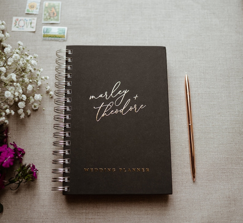 Black Wedding Planner Book, Real Gold Metallic Foil, Wedding Planner, Bridal Shower Gift, Personalized Wedding Planner image 1