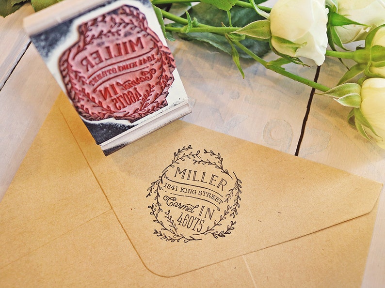 Rustic Return Address Stamp Floral Wreath Stamp Circular Rubber Stamp Laurel Stamp Wedding Invitation Stamp Rustic Stamp Rustic Wedding image 1