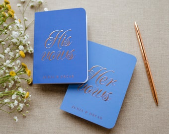 Indigo Wedding Vow Books, Set of 2, Foil Vow Booklets, Personalized Wedding Vow Booklets, Real Gold Foil, Rose Gold, Script