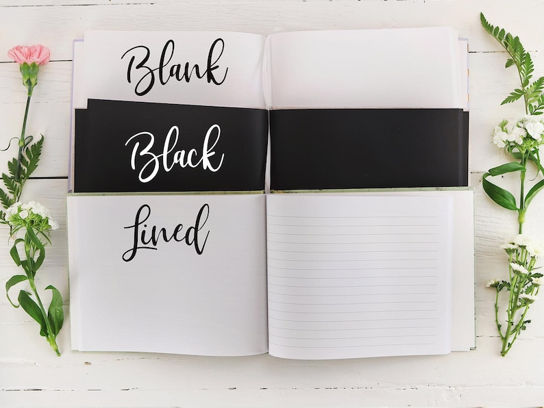 May include: Open notebook with three sections: blank, black lined, and lined. The notebook is white with black text.