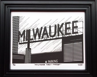 Milwaukee, Milwaukee Art, "MKE Public Market", Third Ward, Wisconsin, Urban, Signage, Original Mixed Media, Black, 8 x 10, Sold Unframed