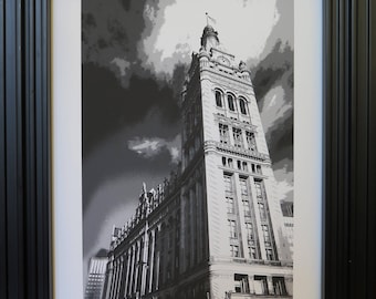 Milwaukee, Wisconsin, "City Hall MKE, Historic Building, Downtown, Mixed Media, 8x10 or 11x14, Sold Unframed