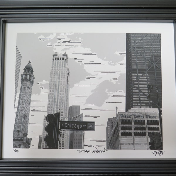 Chicago, "Chicago Horizon", Downtown, Water Tower, John Hancock Center,  Illinois, Original Mixed Media8 x 10 or 11x14, Sold Unframed