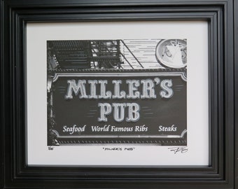 Chicago, Art "Millers Pub", Wabash, Chicago Institution since 1935, Illinois, Mixed Media, 8 x 10, 11x14, 16 x20, Sold Unframed