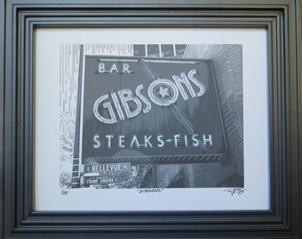 Chicago, Chicago Art, "Gibsons" Steak and Fish, Restaurant, Bar,  Bellevue, Downtown, Illinois, Mixed Media, 8 x 10 or 11x14, Sold Unframed