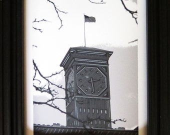 Milwaukee, Wisconsin, Allen Bradley, Rockwell Building, Clock Tower,  "Polish Moon", Original Mixed Media, 8 x 10 or 11 x 14, Sold Unframed