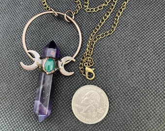 Baroque Triple Moon Necklace with Aventurine Inset and Medium Amethyst Point Pendant