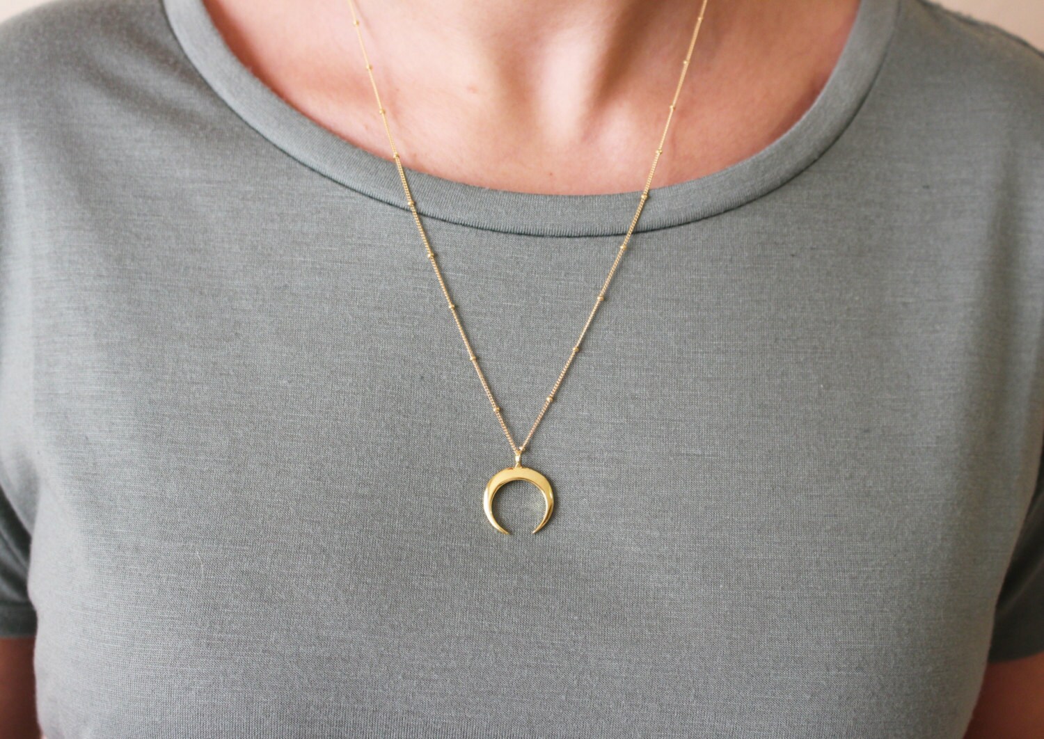 Gold Horn Necklace / Double Horn Necklace on a Beaded Chain Etsy