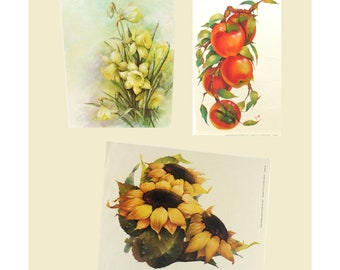 Three Select Decoupage Paper Prints, Daffodils, Apples and Sunflowers