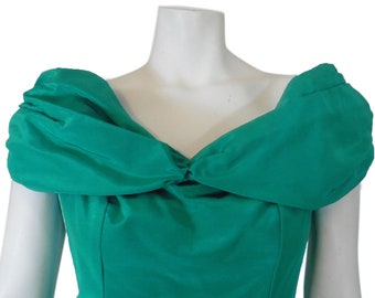 Evening Gown or Formal, Elegant Emerald Green, 1970s Off Shoulder with Peplum Waist, Size 13/14, Reduced 20%