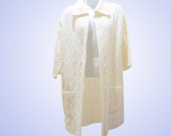 Women’s Cream Cable Knit Cardigan Sweater, Mid Thigh, 3/4 Sleeves, REDUCED