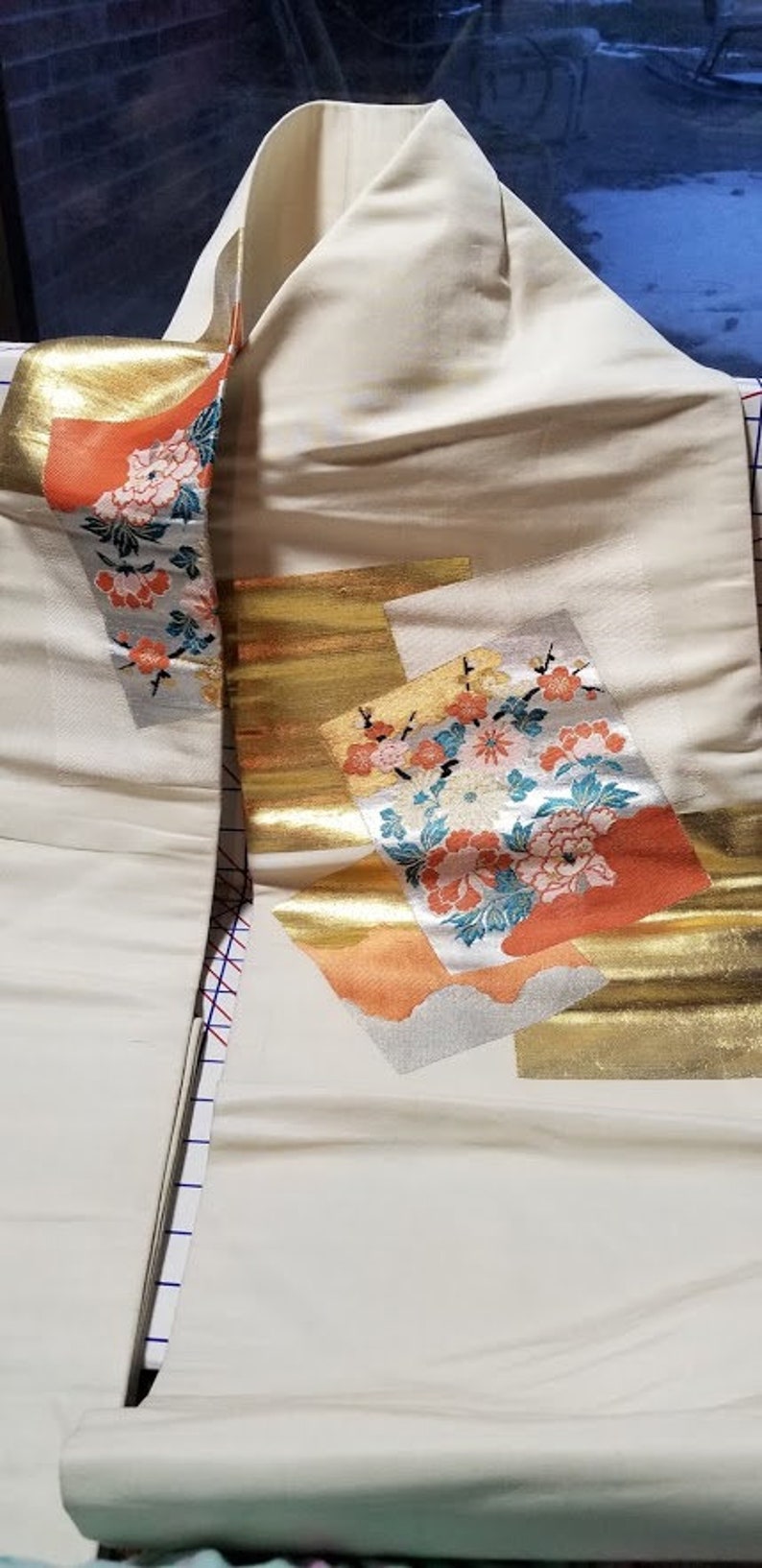 Vintage Japanese OBI with off white background and sakuraplum flowers panel
