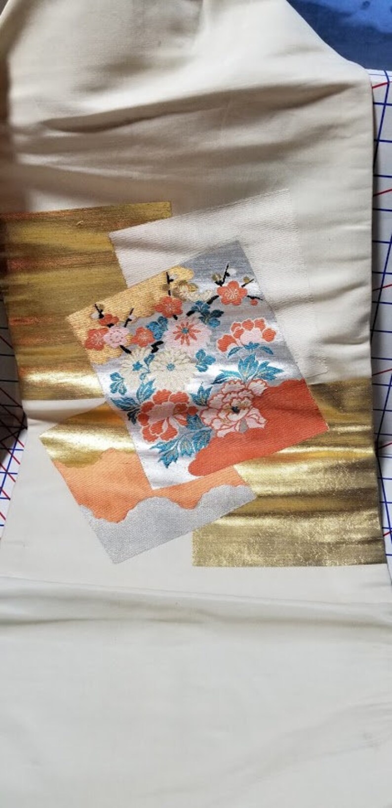 Vintage Japanese OBI with off white background and sakuraplum flowers panel
