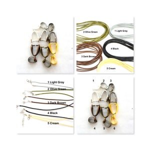 May include: Six different cord end crimp clasps in silver, gold, and bronze tones.  The cords are in five colors: light gray, olive green, dark brown, black, and cream.