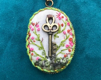 Embroidered Key Oval Pendant Hand-Crafted - *FREE SHIPPING