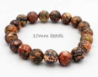 leopard skin jasper bracelet 10mm beads, stretch beaded multicolor bracelet leopardskin for men, untreated energy healing gemstones