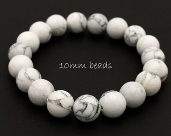 natural howlite 10mm beads, stretch beaded bracelet genuine white howlite gemstone, men's braclet, energy medidation healing braslet
