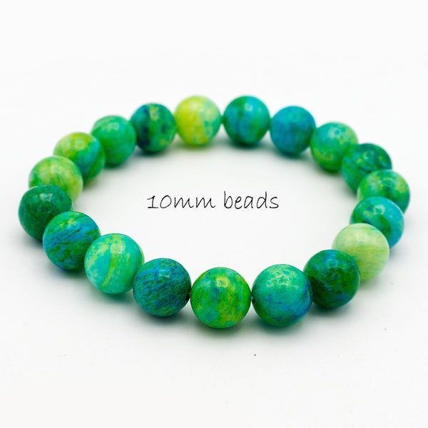 turquoise blue bracelet gorgeous vivid colorful chrysocolla 10mm beads, stretch braclet for women and men