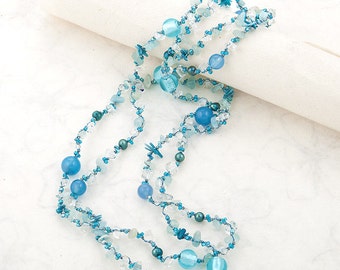 long beaded blue necklace aquamarine agate 35 inches strand | handmade sautoir semi precious gemstones