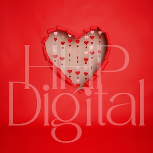 Sfondo digitale cuore strappato, San Valentino, buco a forma di cuore in carta rossa, stelle filanti a forma di cuore, sfondo digitale JPEG