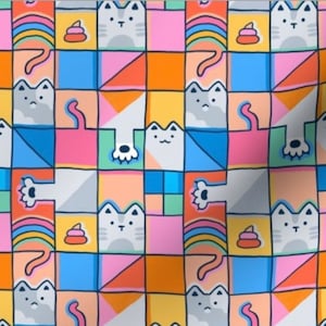 May include: A colourful repeating pattern of cats, rainbows, and poo. The pattern is made up of squares and triangles in shades of pink, blue, yellow, green, and orange.
