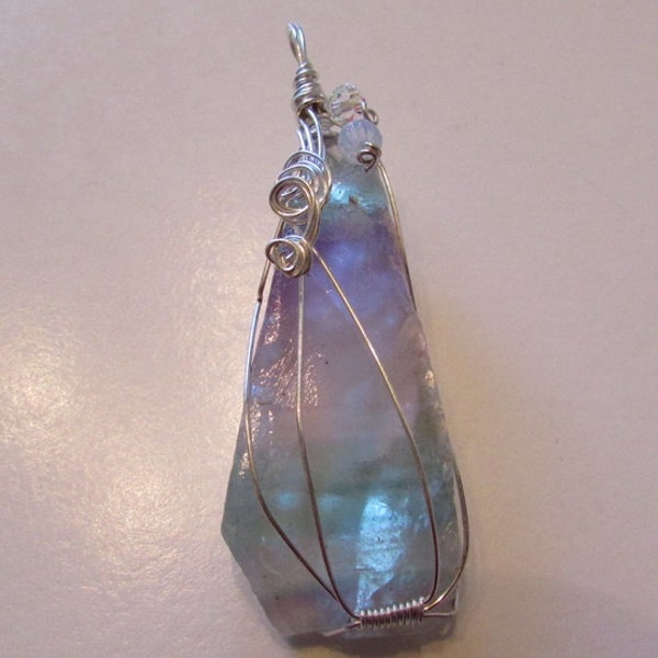 Fluorite with Swarovski Beads Wire Wrapped Crystal Pendant STERLING SILVER PLATED