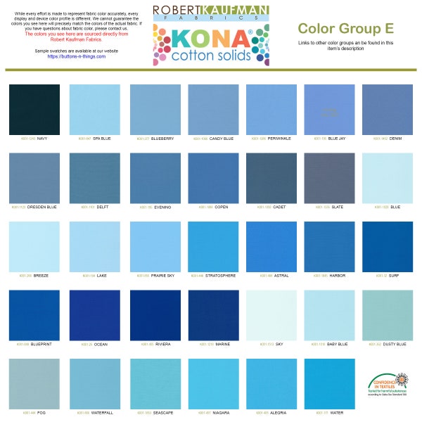 Robert Kaufman Kona Solid Color 100% Cotton Fabric - Color Group E