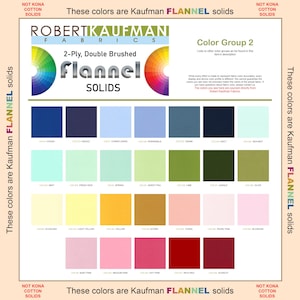 Op de afbeelding: Een Robert Kaufman Fabrics kleurenkaart voor 2-laags dubbel geborsteld flanel, met een raster van 30 verschillende stofstalen in diverse tinten zoals blauw, groen, geel, roze en rood, inclusief beschrijvende tekst en kleurencirkels.
