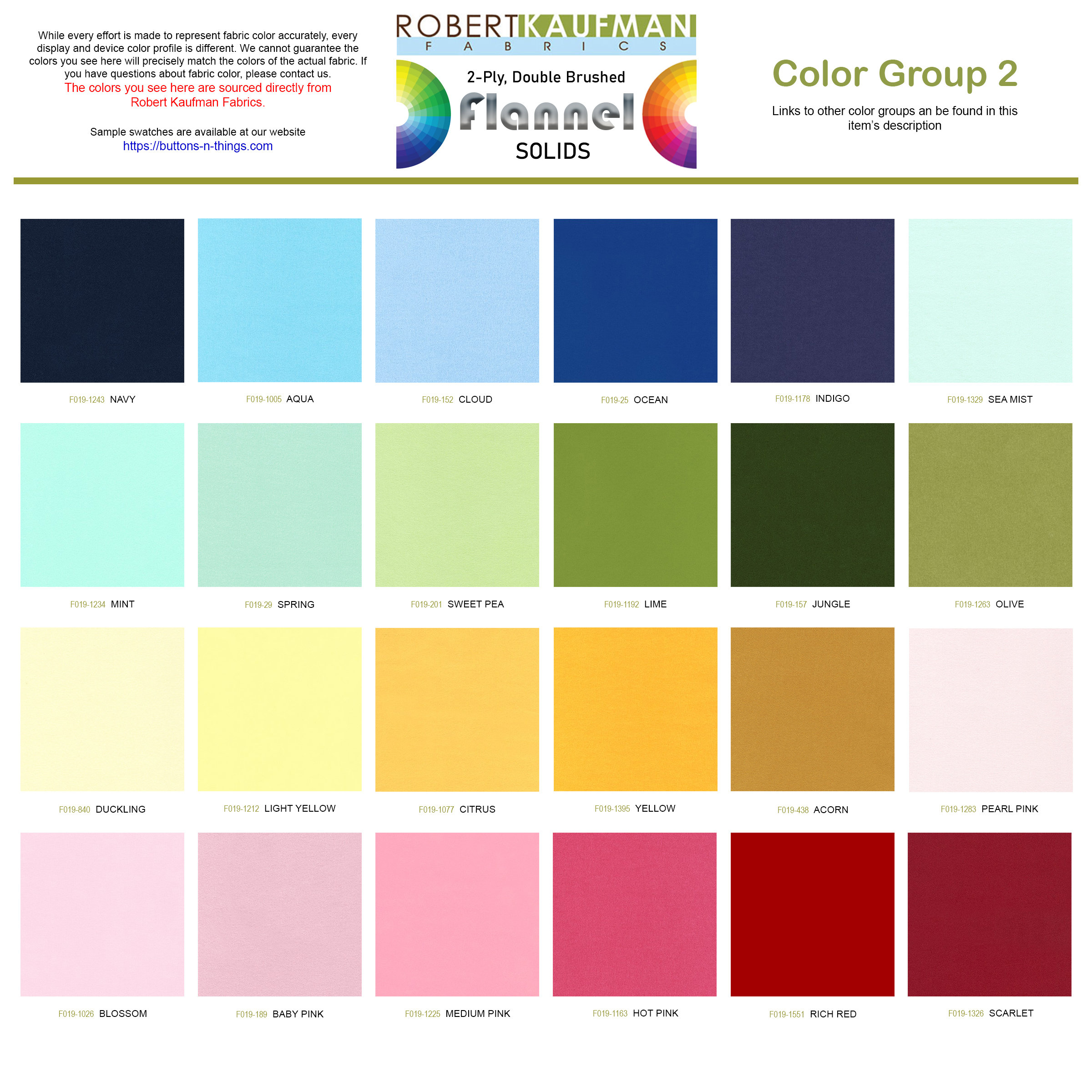 Robert Kaufman FLANNEL Solids 2-Ply Double Brushed - Color Group 2