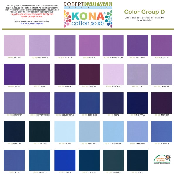 Robert Kaufman Kona Solid Color 100% Cotton Fabric - Color Group D