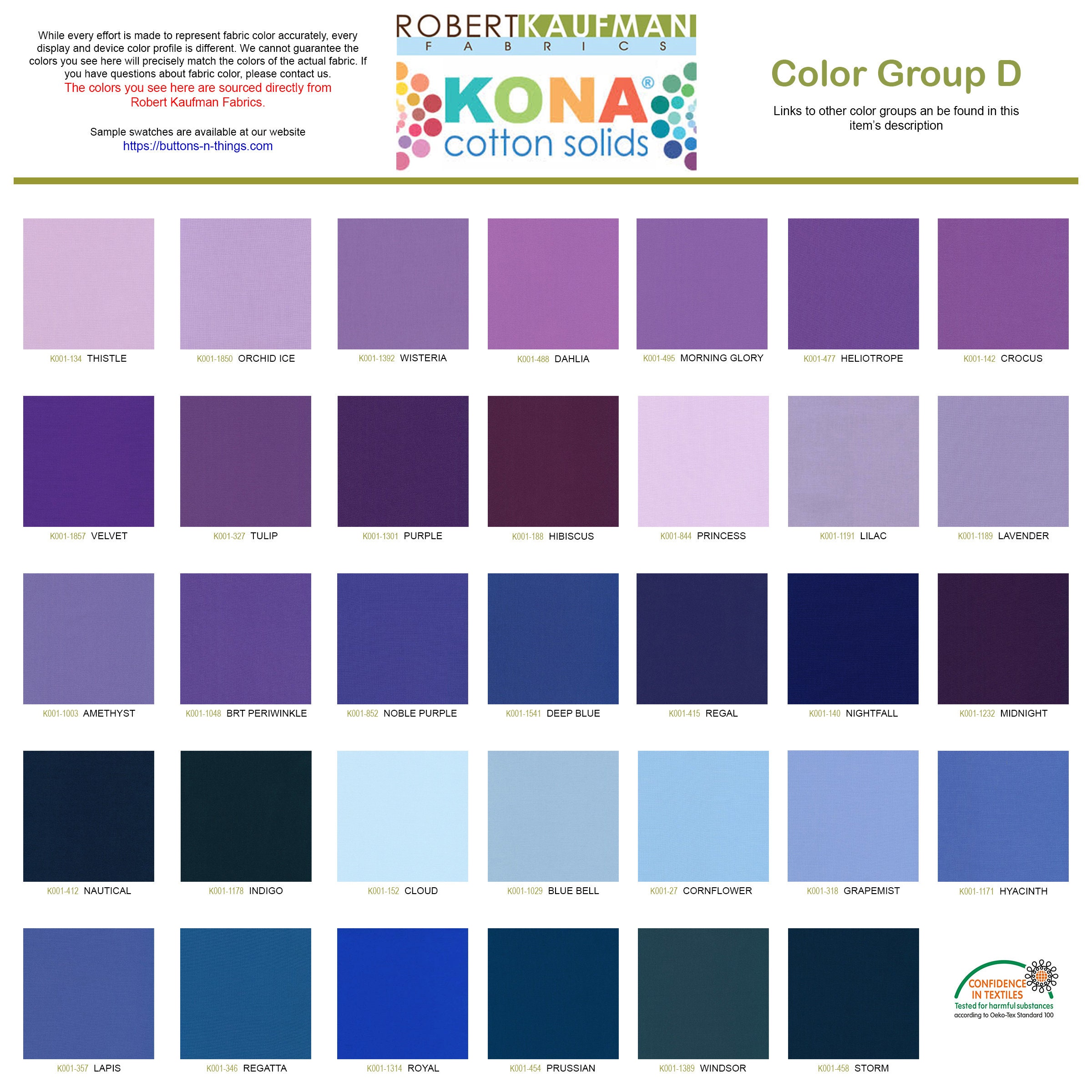 Robert Kaufman Kona Solid Color 100% Cotton Fabric Color Group D 