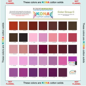 May include: A Robert Kaufman Fabrics Kona Cotton Solids Color Group C chart featuring a grid of 42 fabric color swatches in shades of brown, pink, red, and purple. Each square includes a color name and code. Text states these are not flannel.