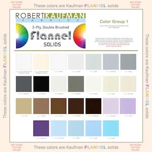 Puede incluir: Una carta de colores de Robert Kaufman Fabrics para franela de doble cara de 2 capas, Grupo de colores 1. La cuadrícula muestra 28 muestras de tela en varios tonos, incluyendo blanco, gris, negro, marrón, morado y azul, etiquetadas por nombre.