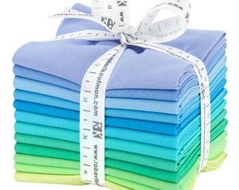 12-pc Fat Quarter Bundle Robert Kaufman Kona Solid Color 100% Cotton Fabric - Mermaid Shores Palette