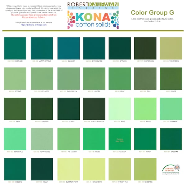 Robert Kaufman Kona Solid Color 100% Cotton Fabric - Color Group G