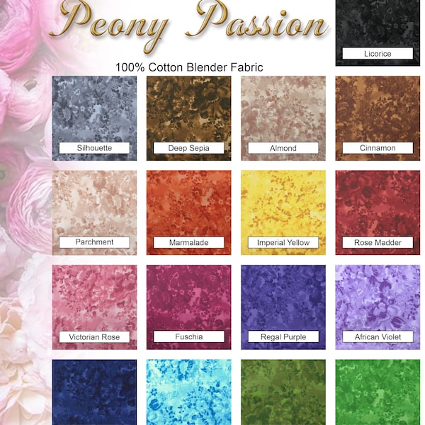 Peony Passion Vintage Floral Tone on Tone 100% Cotton Fabric BTY 17 Colors