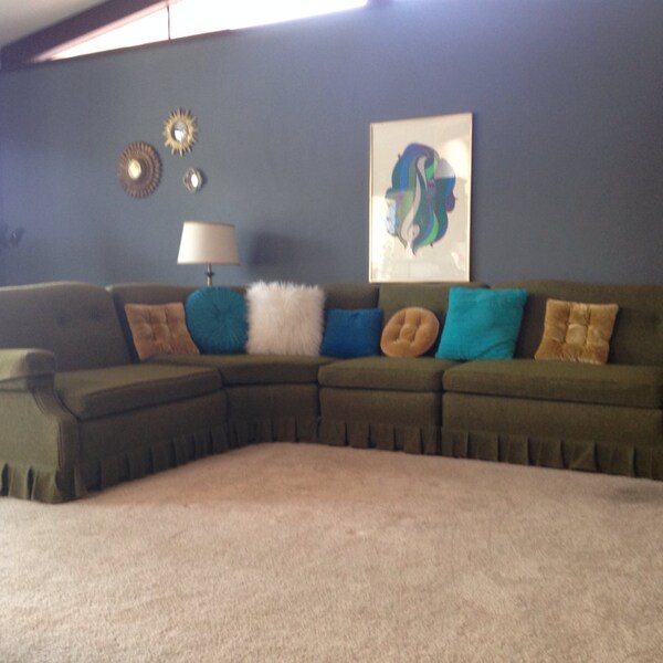 Reserved for Crystal REDUCED Mid Century Green Wool Tweed Boucle Tufted Sectional Sofa Couch