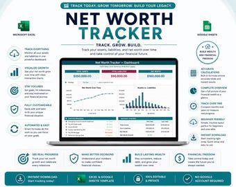 May include: A laptop screen displays a "Net Worth Tracker" dashboard with financial data, charts, and graphs. The image includes icons for Microsoft Excel and Google Sheets, along with text describing features like tracking assets, visualizing growth, and making better decisions.