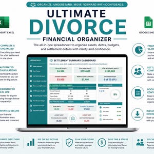 May include: A digital financial organizer spreadsheet titled Ultimate Divorce Financial Organizer displayed on a laptop screen. The interface features a settlement summary dashboard with teal and white sections, including asset inventory, debt tracker, and net worth calculator tools for tracking financial data.